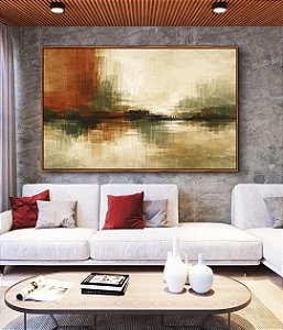 Quadro Horizontal Abstrato Cobre Verde Oliva Areia Creme Canvas Moldura