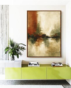Quadro Vertical Abstrato Cobre Verde Oliva Areia Creme Canvas Moldura