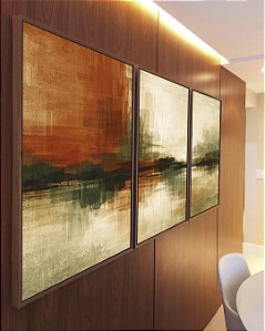 Trio de Quadros Abstrato Cobre Verde Oliva Areia Creme Canvas Moldura