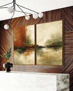 Duo de Quadros Abstrato Cobre Verde Oliva Areia Creme Canvas Moldura