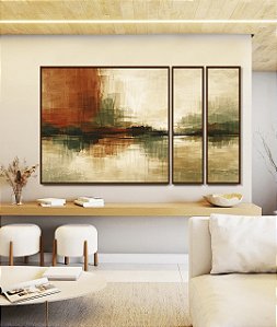 Trio de Quadros Estilizados Abstrato Cobre Verde Oliva Areia Creme Canvas Moldura