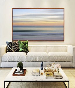 Quadro Horizontal Céu Laranja Mar Azul Prateado Movimento Canvas Moldura