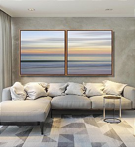 Duo de Quadros Quadrados Céu Laranja Mar Azul Prateado Movimento Canvas Moldura