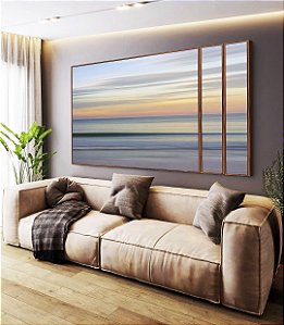 Trio de Quadros Estilizados Céu Laranja Mar Azul Prateado Movimento Canvas Moldura