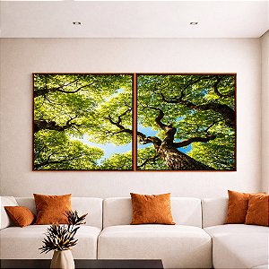 Duo de Quadros Quadrados Céu Azul Árvores Verde Intenso Natureza Canvas Moldura