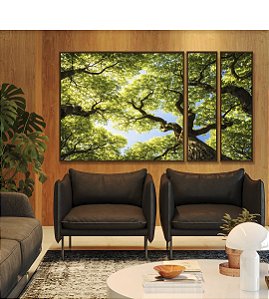 Trio de Quadros Estilizados Céu Azul Árvores Verde Intenso Natureza Canvas Moldura