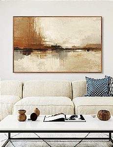 Quadro Horizontal Abstrato Marrom Cobre Creme Marfim Canvas Moldura