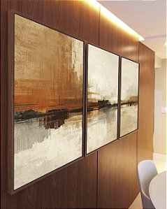 Trio de Quadros Abstrato Marrom Cobre Creme Marfim Canvas Moldura