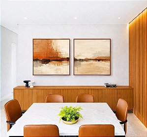 Duo de Quadros Quadrados Abstrato Marrom Cobre Creme Marfim Canvas Moldura