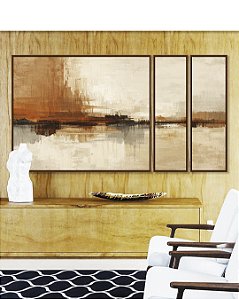 Trio de Quadros Estilizados Abstrato Marrom Cobre Creme Marfim Canvas Moldura