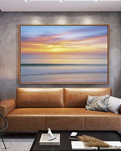 Quadro Horizontal Mar Prateado Céu Laranja Azul Movimento Canvas Moldura
