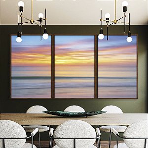 Trio de Quadros Mar Prateado Céu Laranja Azul Movimento Canvas Moldura