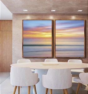 Duo de Quadros Mar Prateado Céu Laranja Azul Movimento Canvas Moldura