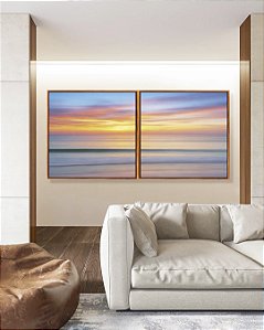 Duo de Quadros Quadrados Mar Prateado Céu Laranja Azul Movimento Canvas Moldura