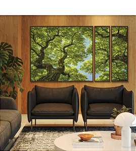 Trio de Quadros Estilizados Árvores Folhas Verdes Céu Azul Limpo Natureza Canvas Moldura