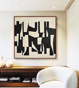 Quadro Quadrado Abstrato Traços Minimalistas Geométricos Preto Marfim Canvas Moldura