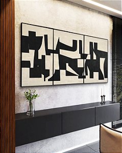 Trio de Quadros Abstrato Traços Minimalistas Geométricos Preto Marfim Canvas Moldura