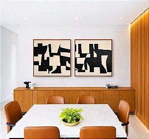 Duo de Quadros Quadrados Abstrato Traços Minimalistas Geométricos Preto Marfim Canvas Moldura