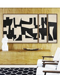 Trio de Quadros Estilizados Abstrato Minimalistas Geométricos Preto Marfim Canvas Moldura