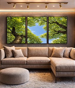 Trio de Quadros Estilizados Árvores Folhagem Verde Céu Limpo Natureza Canvas Moldura
