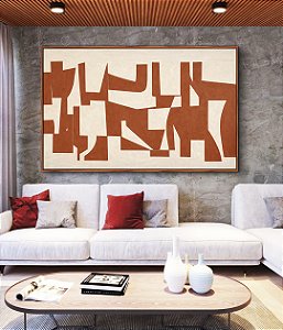 Quadro Horizontal Abstrato Traços Minimalistas Geométricos Laranja Marfim Canvas Moldura