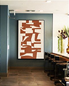 Quadro Vertical Abstrato Traços Minimalistas Geométricos Laranja Marfim Canvas Moldura