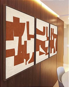 Trio de Quadros Abstrato Traços Minimalistas Geométricos Laranja Marfim Canvas Moldura
