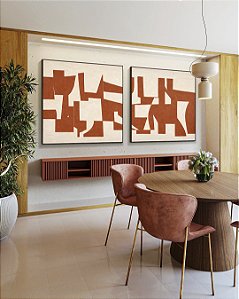 Duo de Quadros Quadrados Abstrato Traços Minimalistas Geométricos Laranja Marfim Canvas Moldura