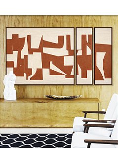 Trio de Quadros Estilizados Minimalistas Geométricos Laranja Marfim Canvas Moldura