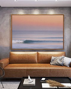 Quadro Horizontal Mar Azul Ondulado Céu Rosa Laranja Canvas Moldura