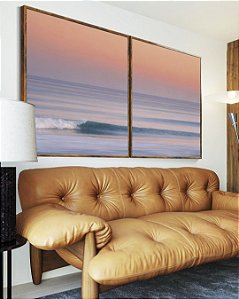Duo de Quadros Mar Azul Ondulado Céu Rosa Laranja Canvas Moldura
