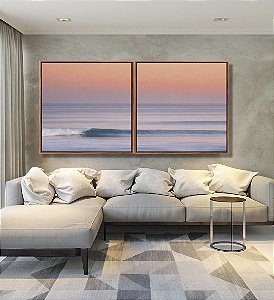 Duo de Quadros Quadrados Mar Azul Ondulado Céu Rosa Laranja Canvas Moldura