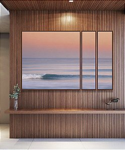 Trio de Quadros Estilizados Mar Azul Ondulado Céu Rosa Laranja Canvas Moldura