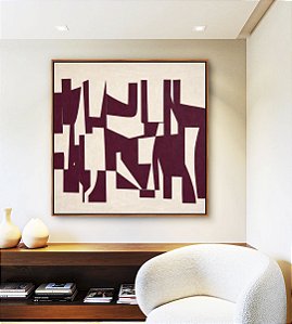 Quadro Quadrado Abstrato Traços Minimalistas Geométricos Vinho Marfim Canvas Moldura