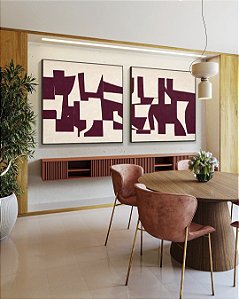 Duo de Quadros Quadrados Abstrato Traços Minimalistas Geométricos Vinho Marfim Canvas Moldura