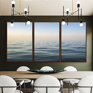 Trio de Quadros Mar Sereno Azul e Céu Claro Natureza Canvas Moldura