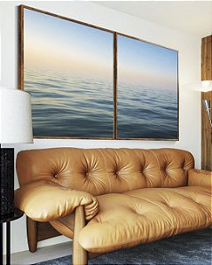 Duo de Quadros Mar Sereno Azul e Céu Claro Natureza Canvas Moldura