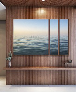 Trio de Quadros Estilizados Mar Sereno Azul e Céu Claro Natureza Canvas Moldura