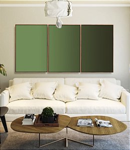 Trio de Quadros Abstrato Degradê Verde Folha Escuro Canvas Moldura