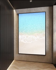 Quadro Vertical Areia Branca Praia Azul Cristalino Canvas Moldura