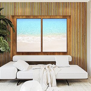 Duo de Quadros Areia Branca Praia Azul Cristalino Canvas Moldura