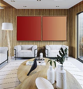 Duo de Quadros Quadrados Abstrato Degradê Vermelho Laranja Pêssego Suave Canvas Moldura