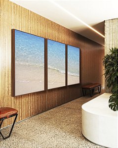 Trio de Quadros Praia Branca Luminosa Mar Azul Claro Canvas Moldura