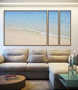 Trio de Quadros Estilizados Praia Branca Luminosa Mar Azul Claro Canvas Moldura