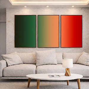 Trio de Quadros Abstrato Degradê Verde Folha Vermelho Canvas Moldura