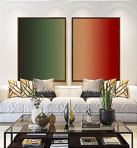Duo de Quadros Abstrato Degradê Verde Folha Vermelho Canvas Moldura