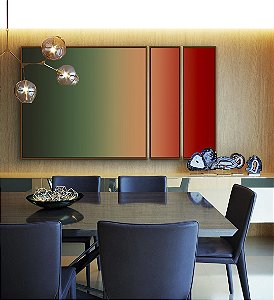 Trio de Quadros Estilizados Abstrato Degradê Verde Folha Vermelho Canvas Moldura