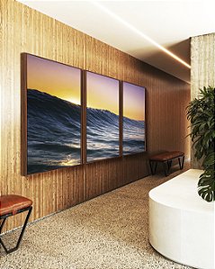 Trio de Quadros Pôr do sol em Mar Azul Ondulado Canvas Moldura