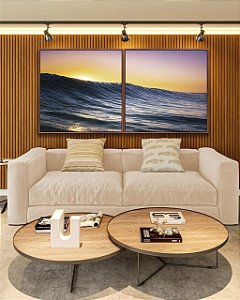 Duo de Quadros Quadrados Pôr do sol em Mar Azul Ondulado Canvas Moldura