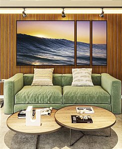 Trio de Quadros Estilizados Pôr do sol em Mar Azul Ondulado Canvas Moldura